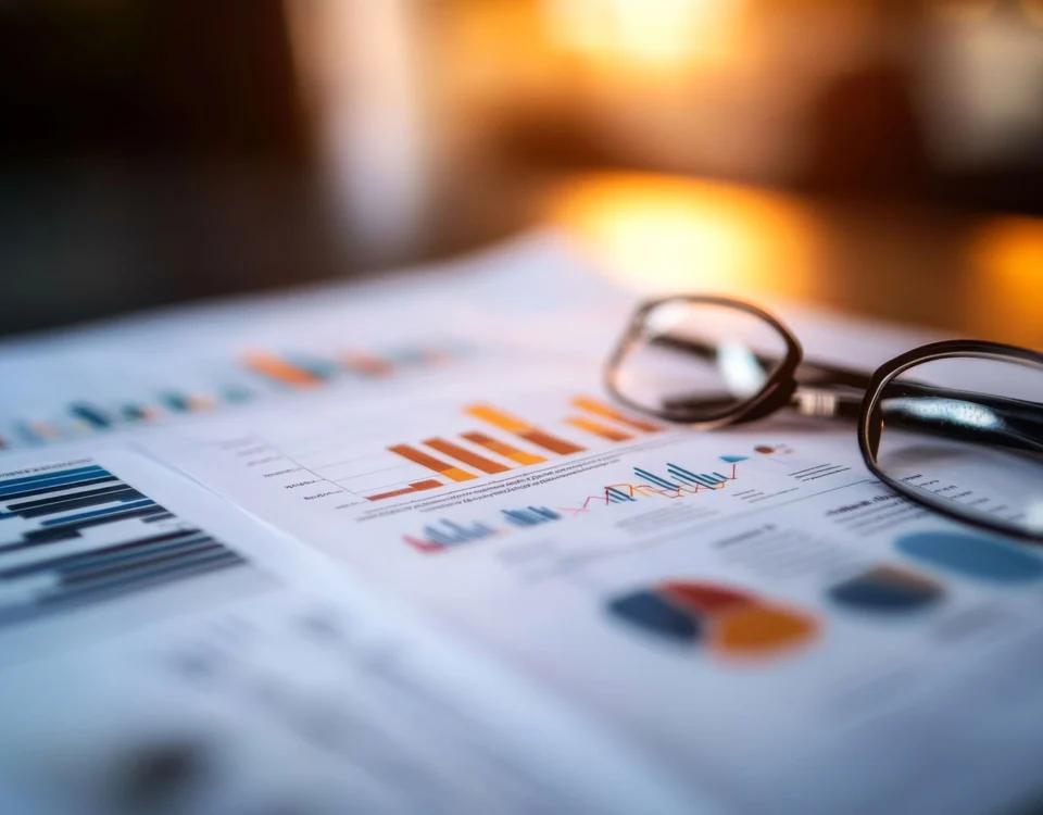 A business report spread open on a desk displays colorful charts and diagrams